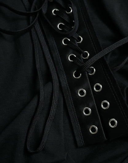 Dolce &amp; Gabbana – Schwarzes Tanktop aus Baumwolle mit Schnürung und Rundhalsausschnitt und Logo