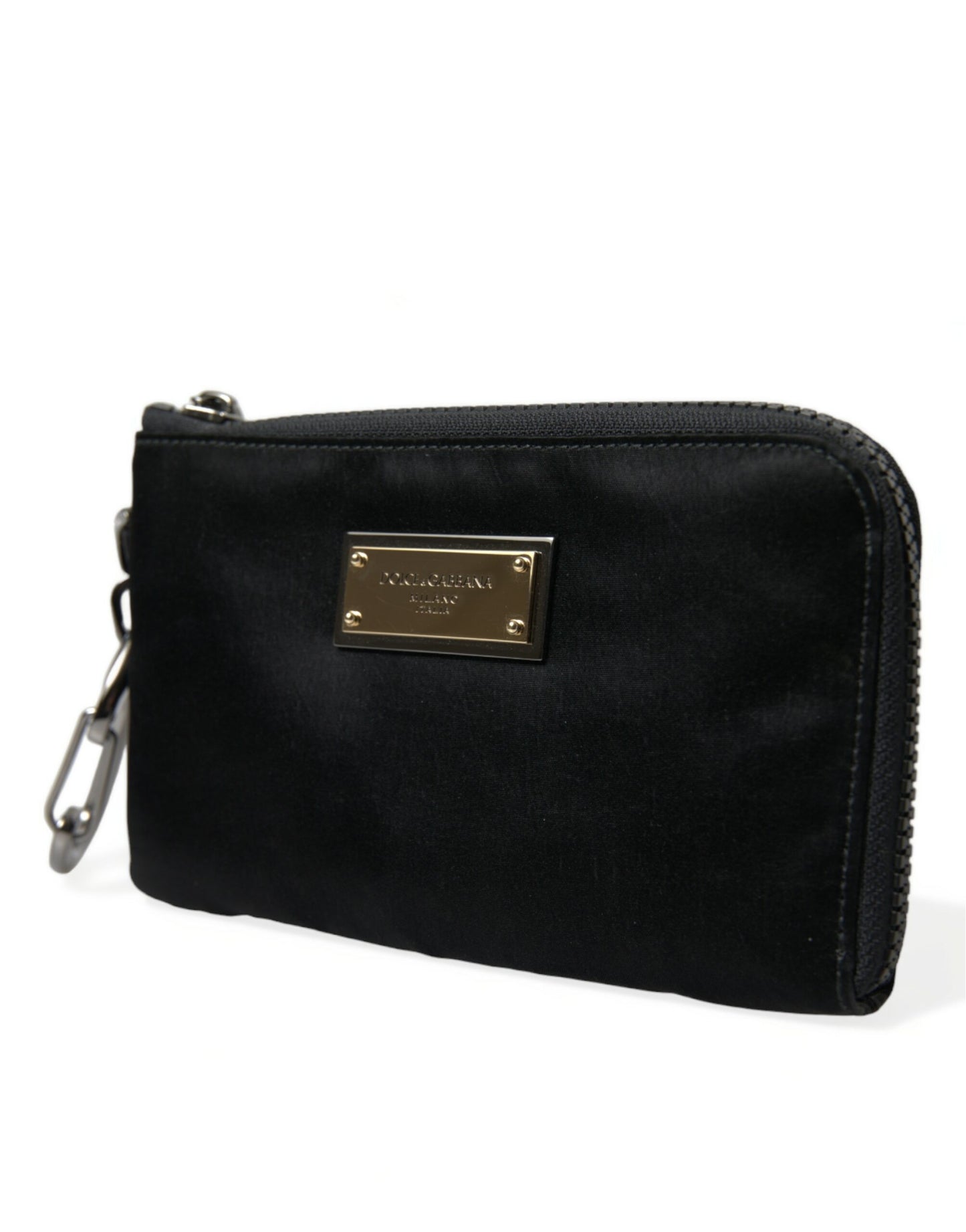Dolce &amp; Gabbana – Schwarze Clutch aus Nylon mit Schlüsselanhänger und Logo-Plakette