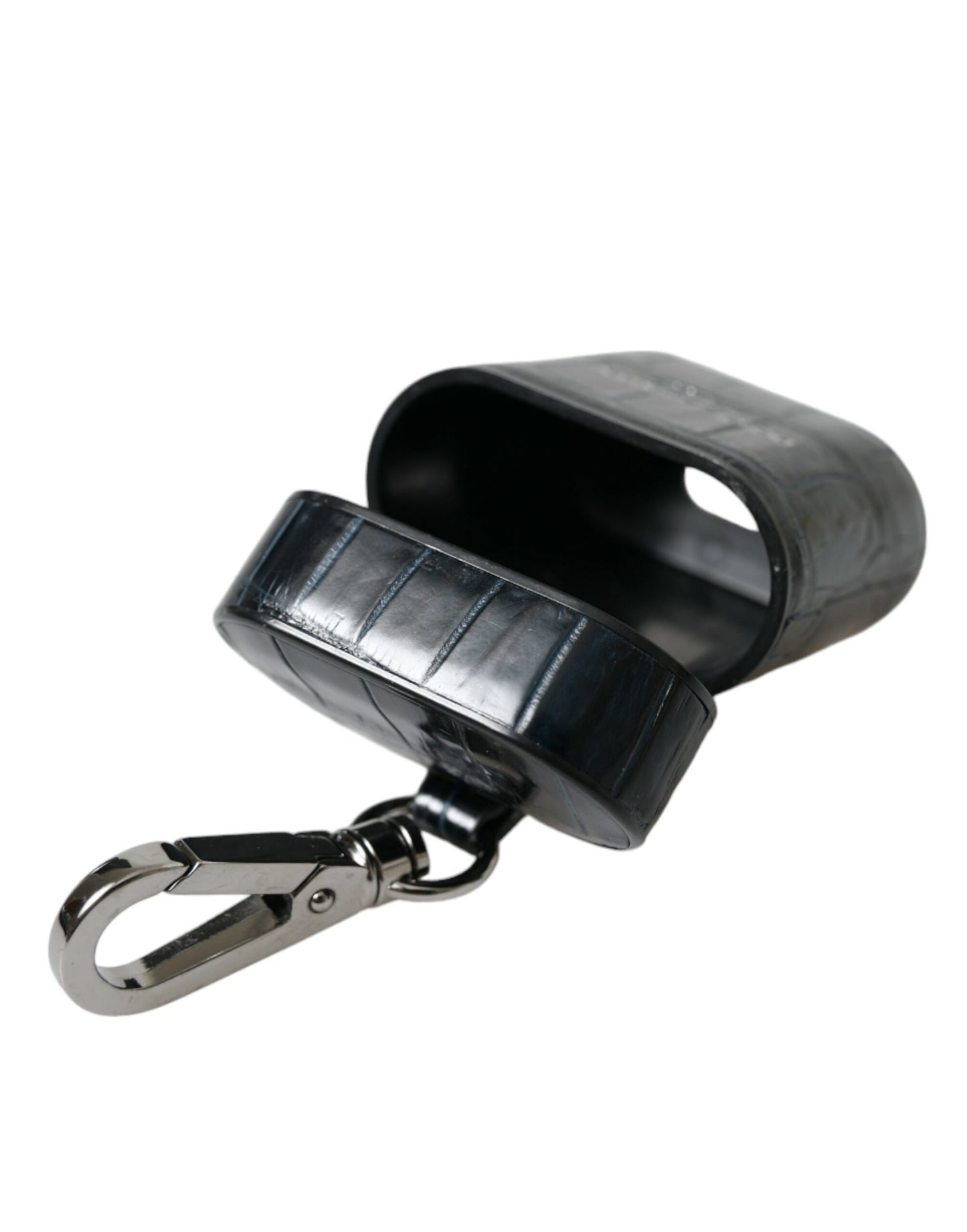 Dolce &amp; Gabbana – Airpods-Hülle aus schwarzem Krokodilleder mit silbernem Metalllogo