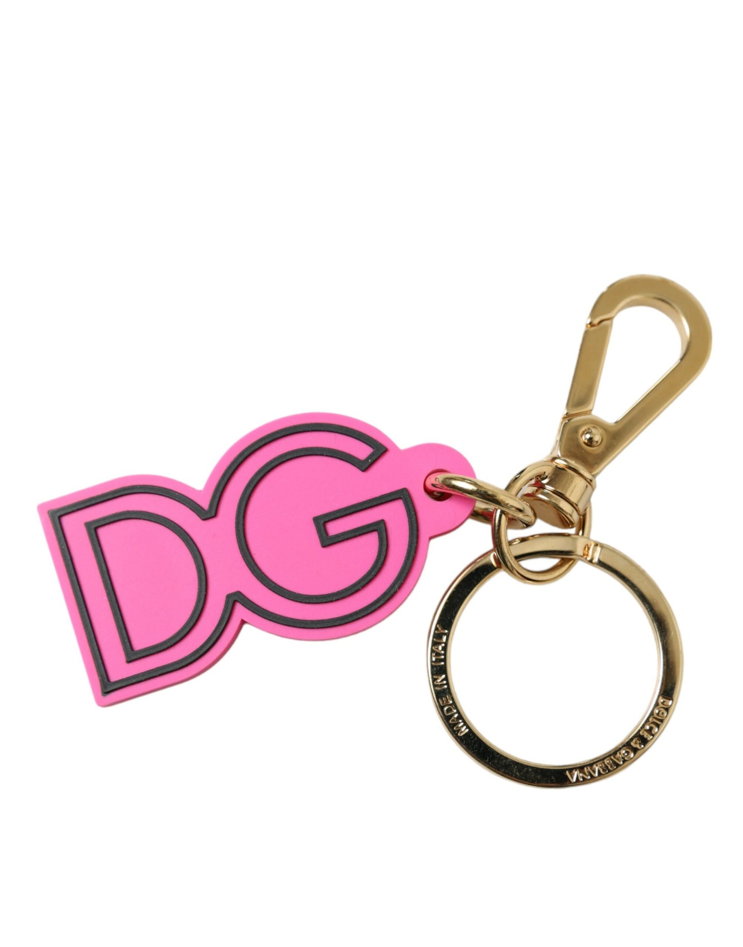 Dolce &amp; Gabbana Schlüsselanhänger mit DG-Logo aus rosa Gummi und goldfarbenem Metall