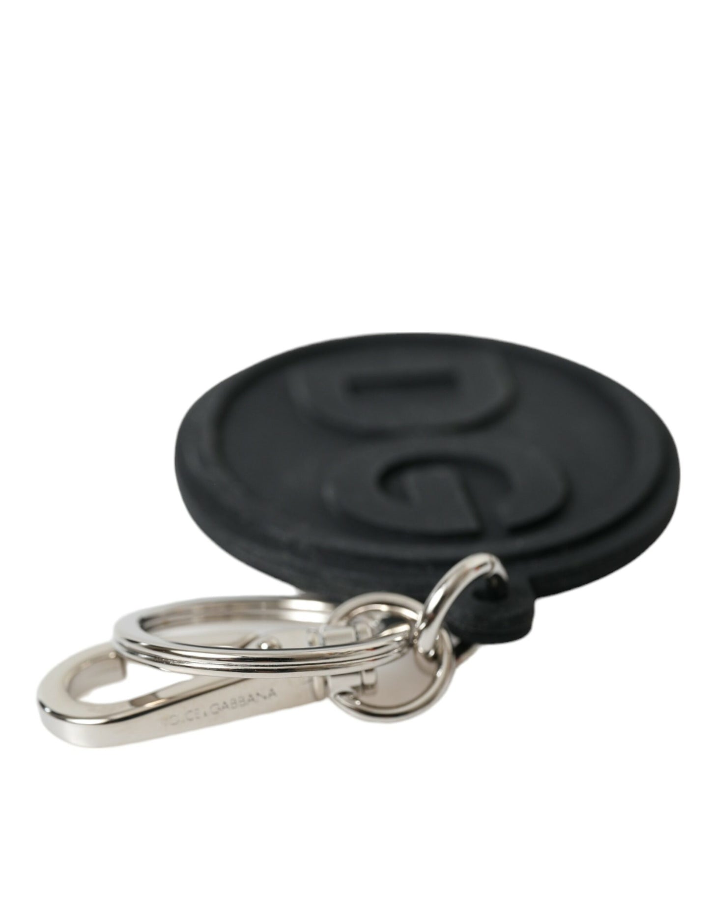 Dolce &amp; Gabbana Schlüsselanhänger mit DG-Logo aus schwarzem Gummi und silbernem Messing