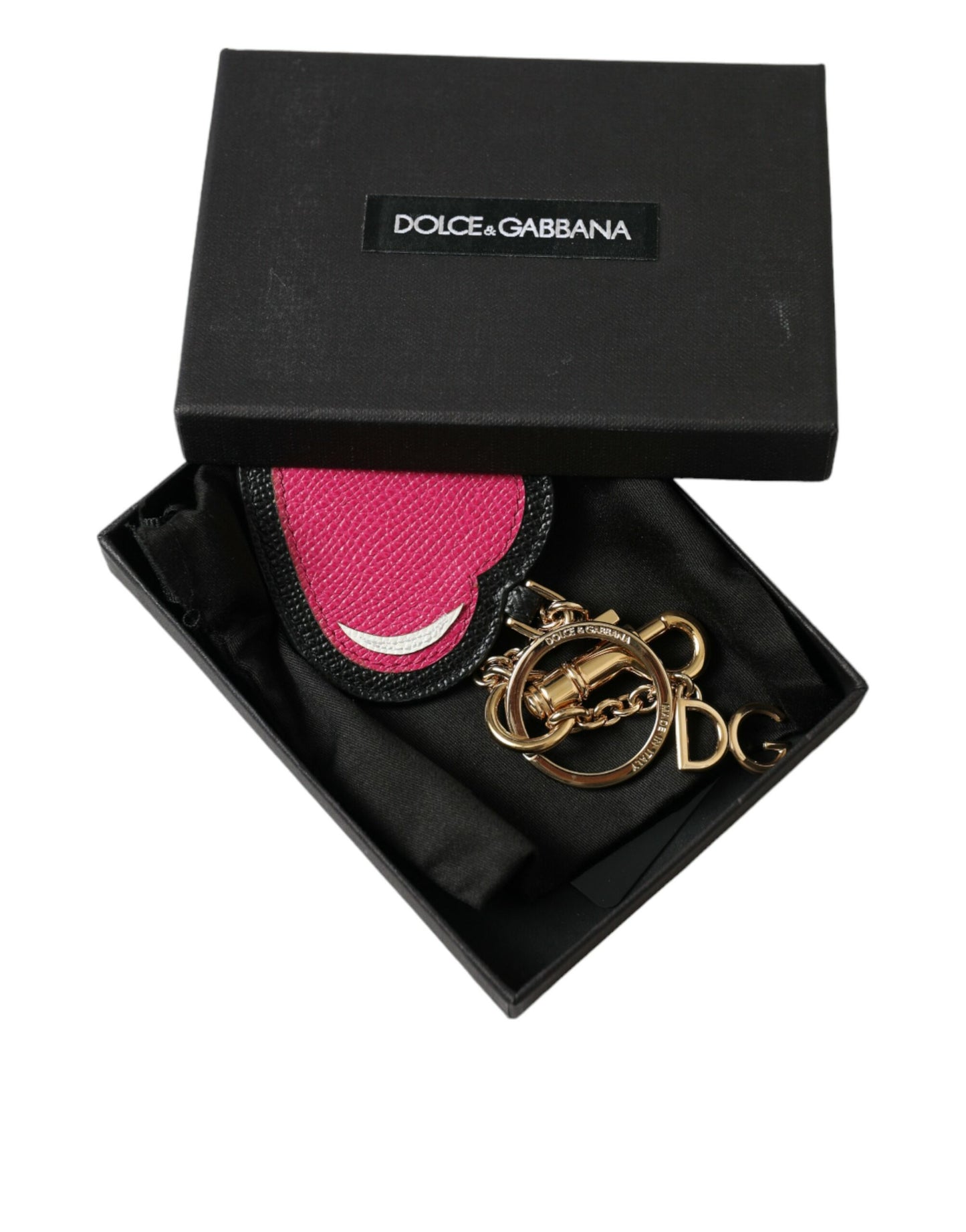 Dolce &amp; Gabbana Schlüsselanhänger aus rosa schwarzem Herzleder in Goldton aus Messing
