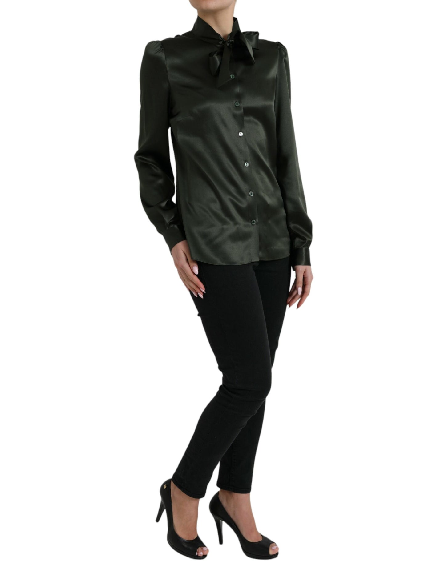 Dolce &amp; Gabbana – Graues Blusenoberteil mit langen Ärmeln und Ascot-Kragen