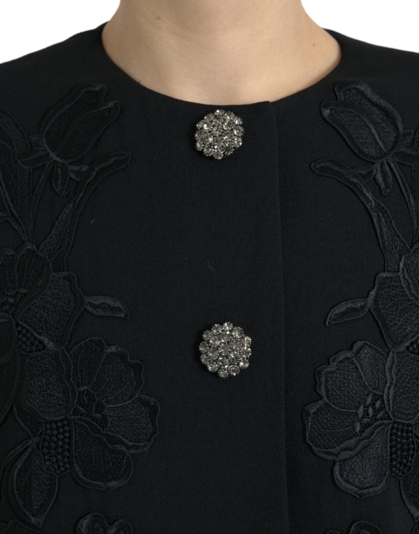 Dolce &amp; Gabbana – Schwarze Wolljacke mit Blumenmuster und Knopfverzierung