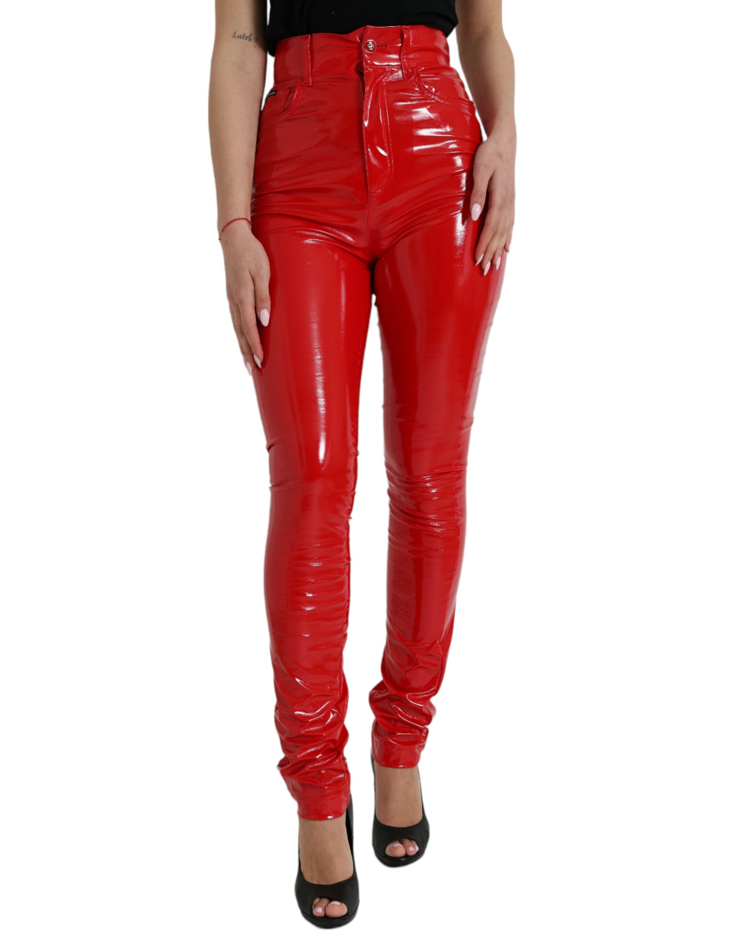 Dolce &amp; Gabbana – Glänzend rote Skinny-Hose mit hoher Taille