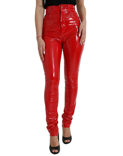 Dolce &amp; Gabbana – Glänzend rote Skinny-Hose mit hoher Taille