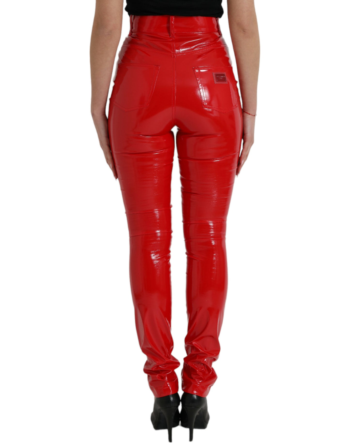 Dolce &amp; Gabbana – Glänzend rote Skinny-Hose mit hoher Taille