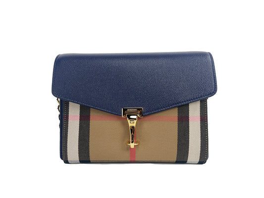Burberry Macken – Kleine Umhängetasche aus Leder in Regency-Blau mit House Check-Muster