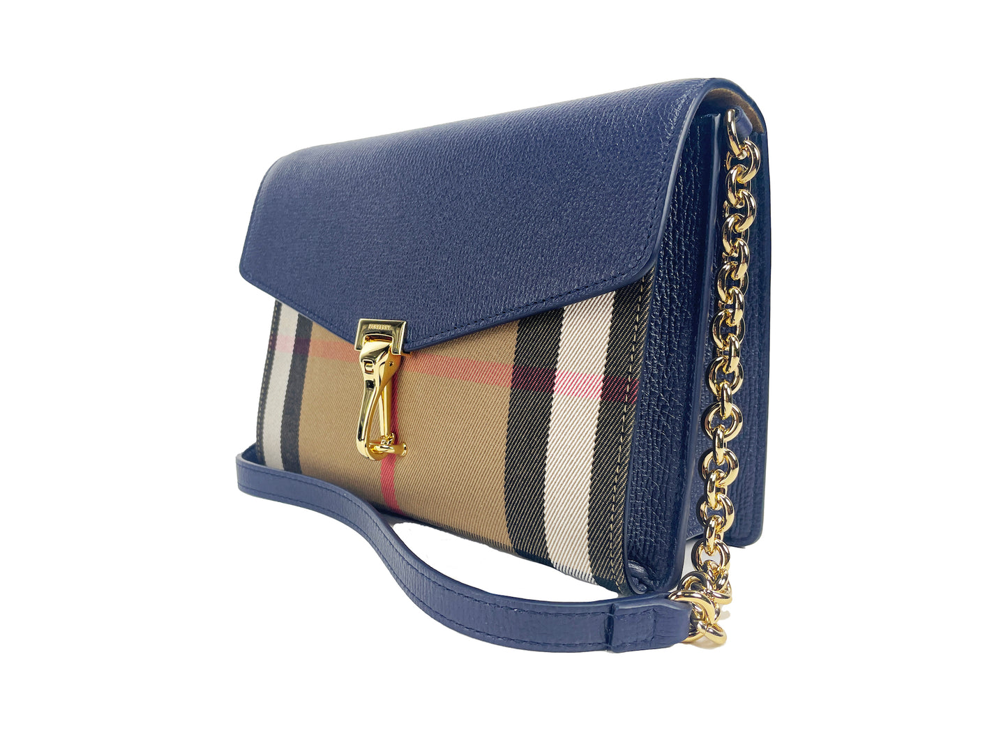 Burberry Macken – Kleine Umhängetasche aus Leder in Regency-Blau mit House Check-Muster