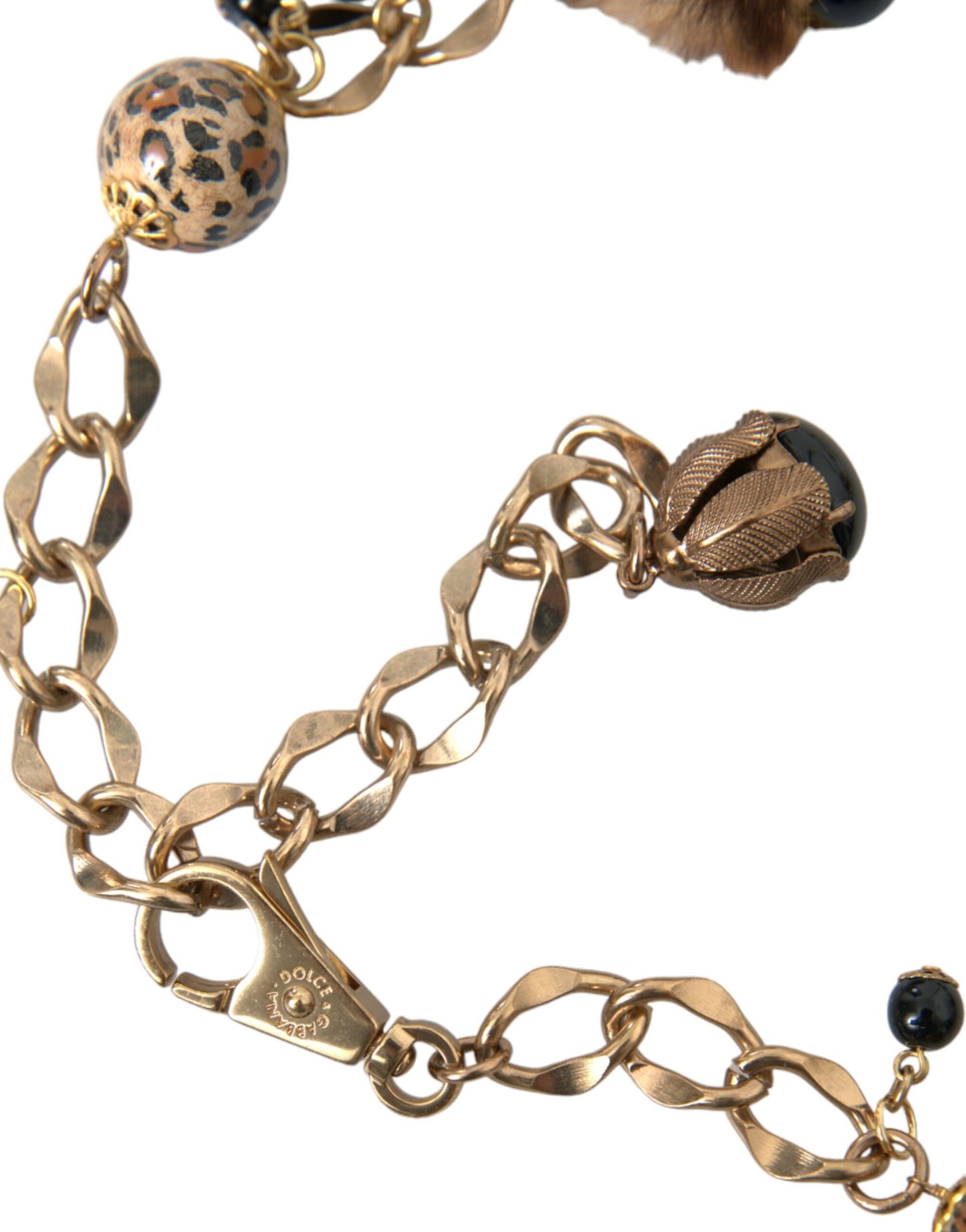 Dolce &amp; Gabbana – Collier-Kettengürtel aus goldenem Messing mit Leopardenfell und Perlen