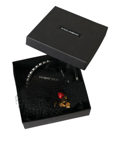 Dolce &amp; Gabbana Schwarzes Erdbeer-Sizilien-Kristallnetz-Stirnband-Diadem