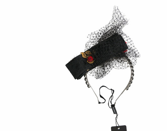 Dolce &amp; Gabbana Schwarzes Erdbeer-Sizilien-Kristallnetz-Stirnband-Diadem