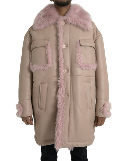Dolce &amp; Gabbana Beige Rosa Lammleder Shearling Mantel Jacke