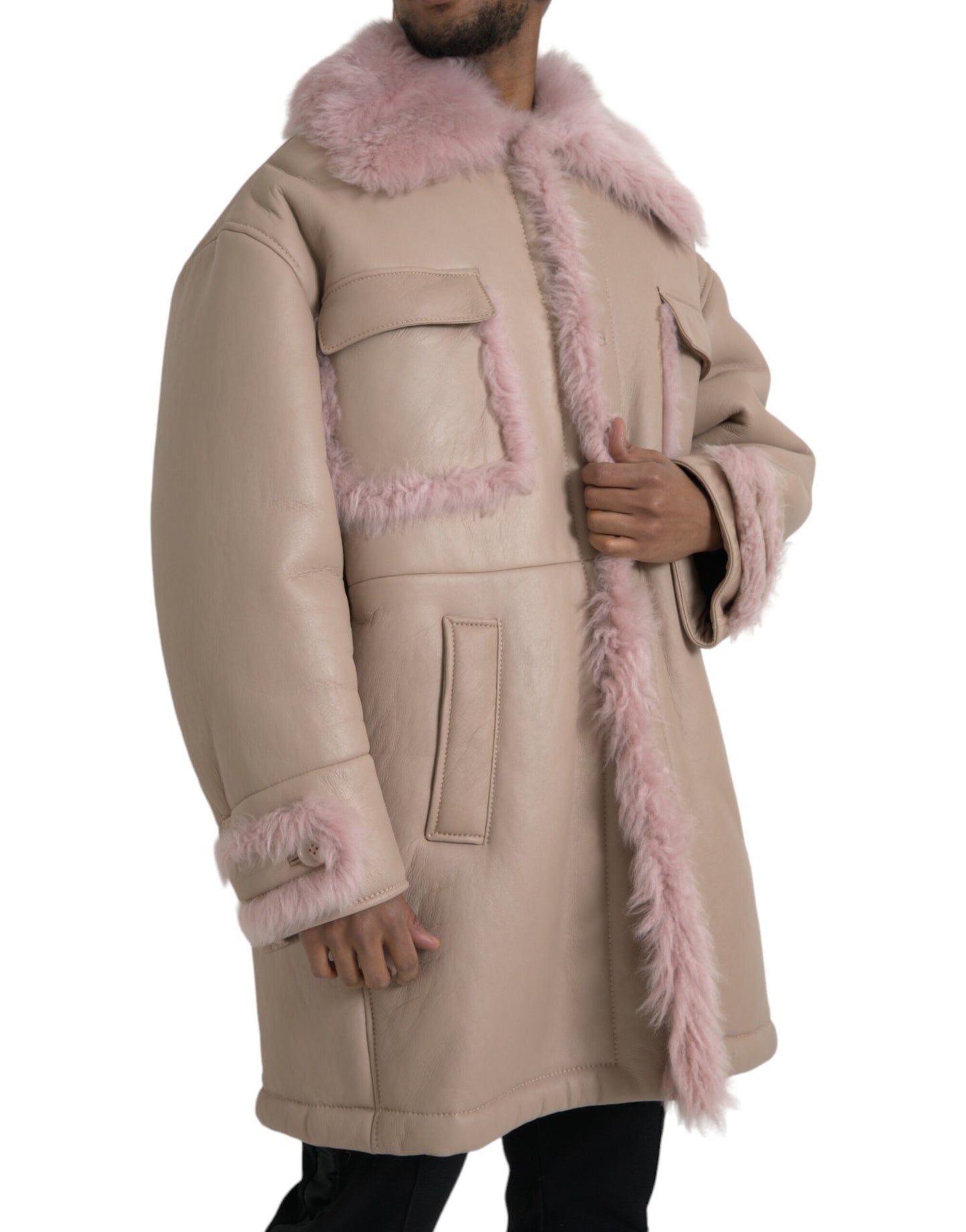 Dolce &amp; Gabbana Beige Rosa Lammleder Shearling Mantel Jacke