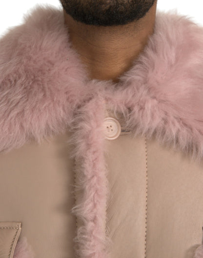 Dolce &amp; Gabbana Beige Rosa Lammleder Shearling Mantel Jacke