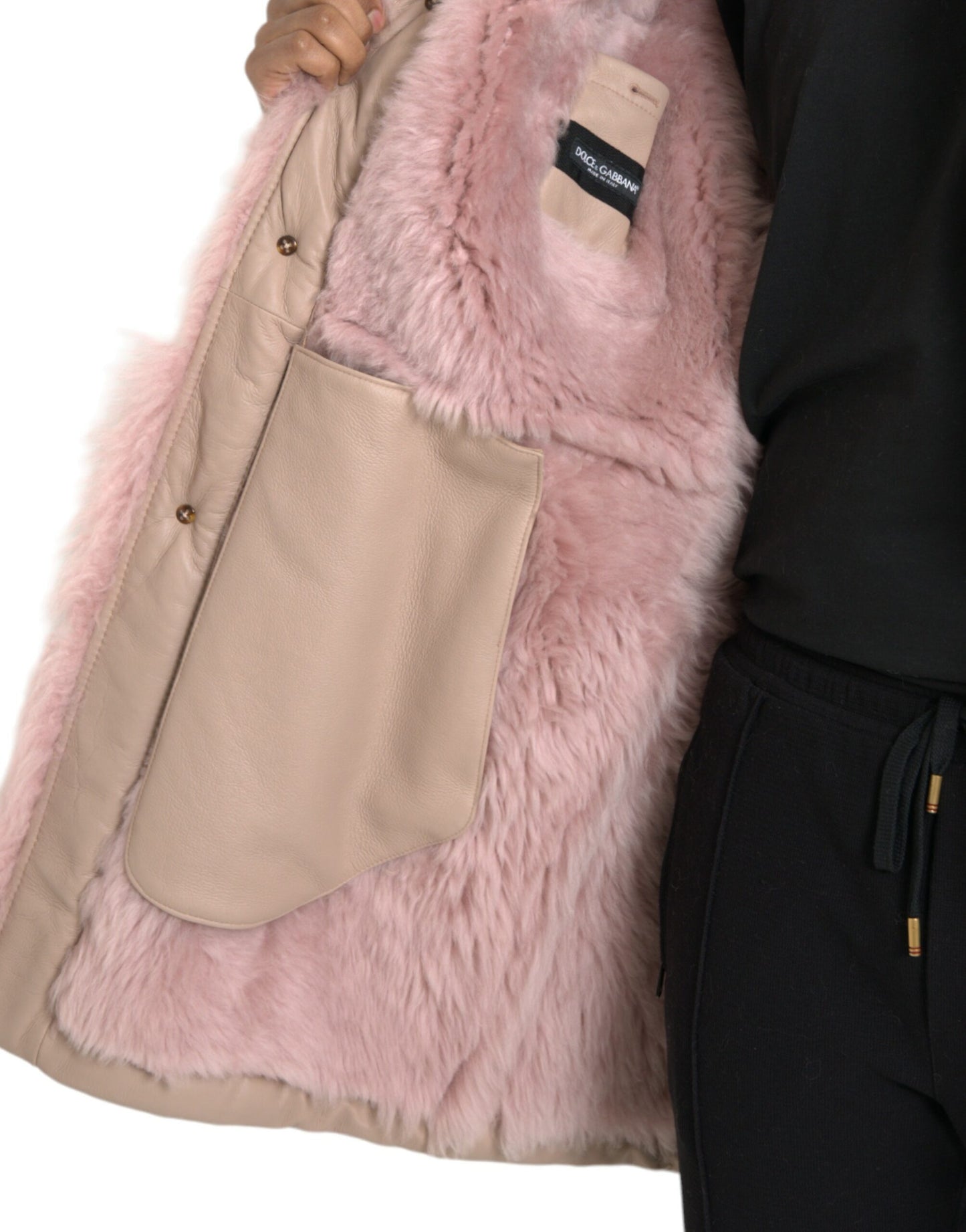 Dolce &amp; Gabbana Beige Rosa Lammleder Shearling Mantel Jacke