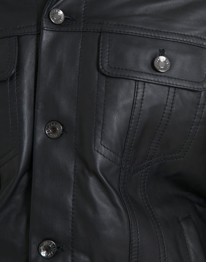 Dolce &amp; Gabbana – Bikerjacke aus schwarzem Leder mit Pelzkragen