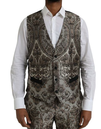 Dolce &amp; Gabbana – Formeller dreiteiliger Anzug aus braunem Jacquard mit Blumenmuster