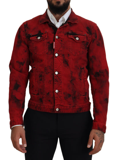 Dsquared² Rot-Schwarze Herren-Jeansjacke mit Batik-Kragen