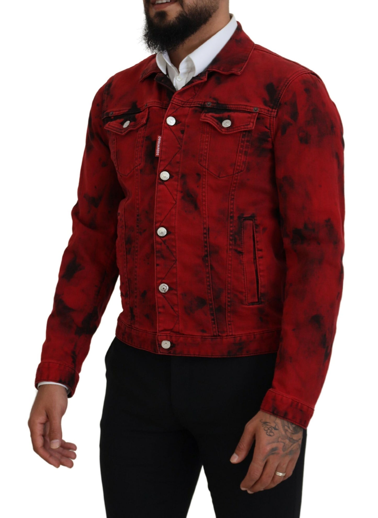 Dsquared² Rot-Schwarze Herren-Jeansjacke mit Batik-Kragen