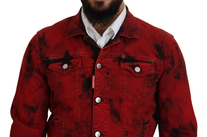 Dsquared² Rot-Schwarze Herren-Jeansjacke mit Batik-Kragen