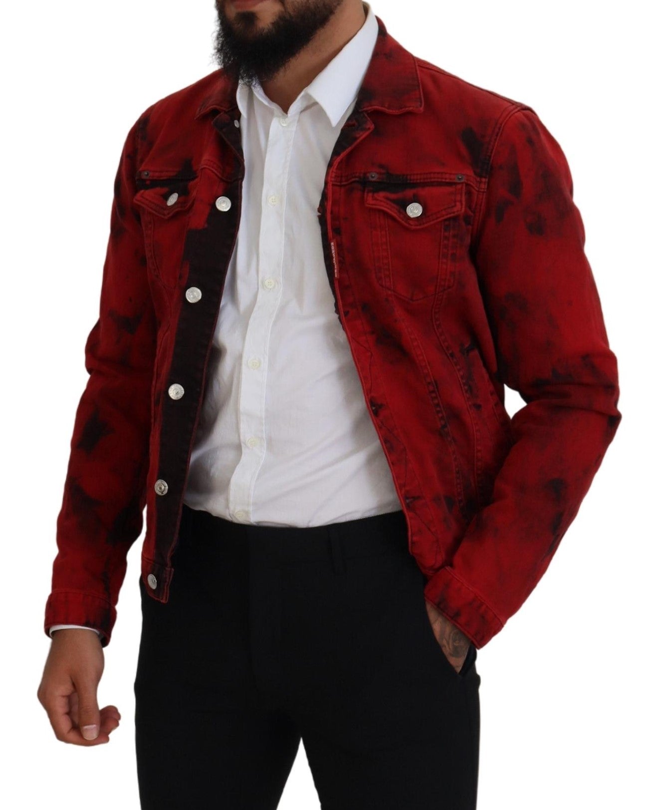 Dsquared² Rot-Schwarze Herren-Jeansjacke mit Batik-Kragen