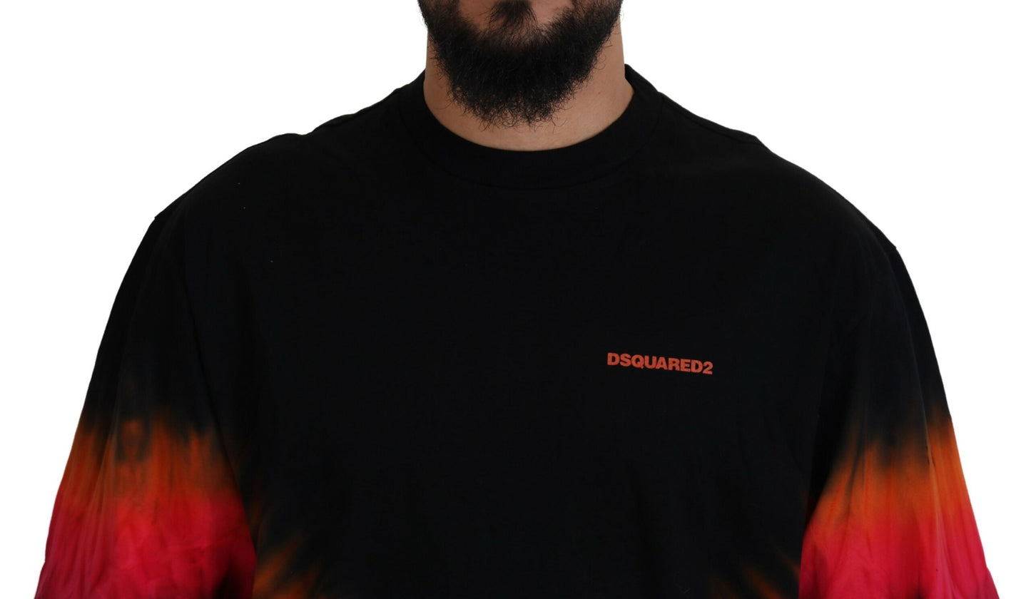 Dsquared² Schwarz-Orangefarbenes T-Shirt aus Baumwolle mit kurzen Ärmeln und Rundhalsausschnitt