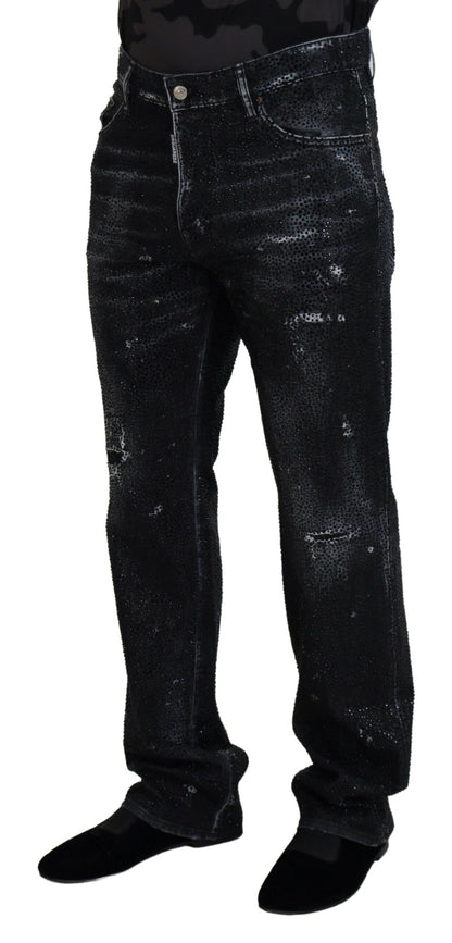 Dsquared² Schwarze, zerfetzte Jeans aus Denim mit Kristallverzierung