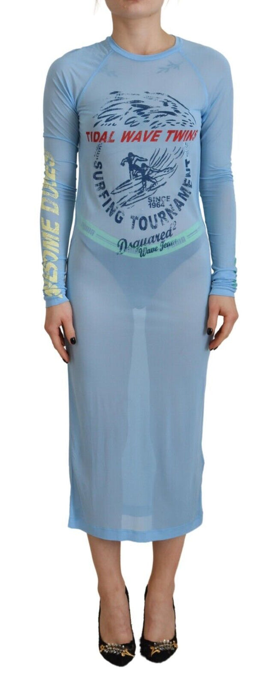 Dsquared² – Blau bedrucktes Viskose-Überwurfkleid mit langen Ärmeln