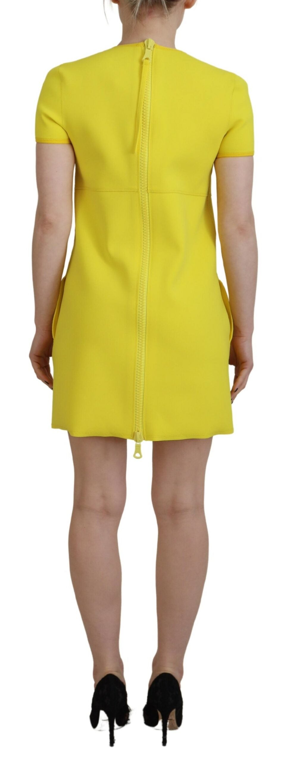 Dsquared² – Gelbes Nylon-Minikleid mit kurzen Ärmeln und Rundhalsausschnitt