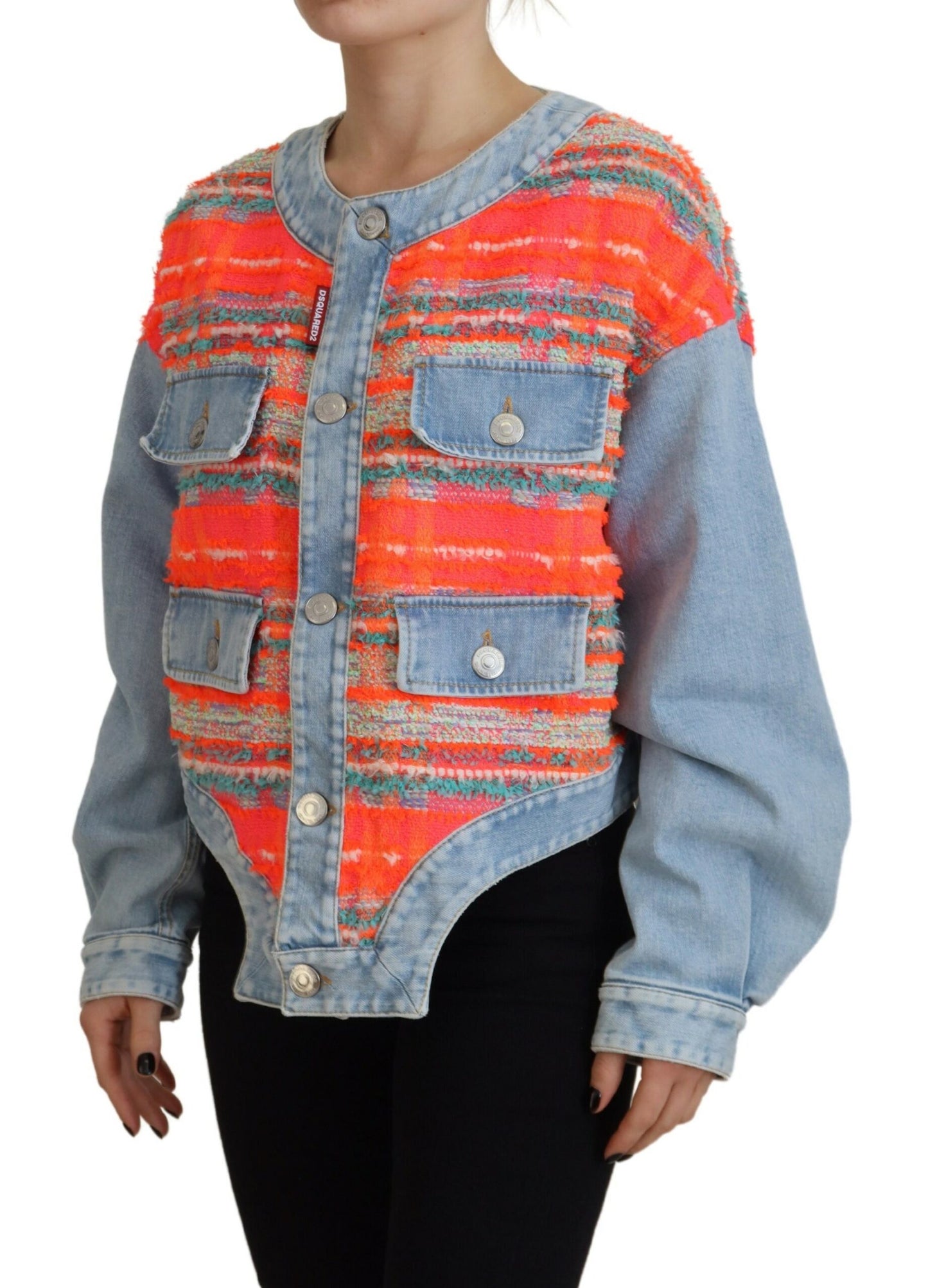 Dsquared² – Jeansjacke mit Einsätzen und Knopfleiste vorne in Orange und Blau