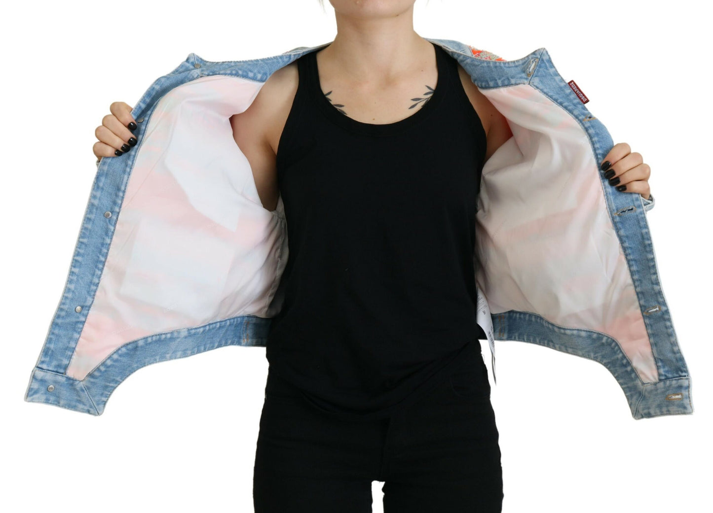 Dsquared² – Jeansjacke mit Einsätzen und Knopfleiste vorne in Orange und Blau