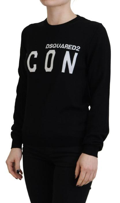Dsquared² – Schwarzer Pullover aus Schurwolle mit Logo-Print und langen Ärmeln