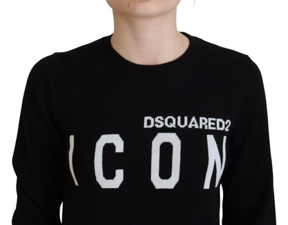 Dsquared² – Schwarzer Pullover aus Schurwolle mit Logo-Print und langen Ärmeln