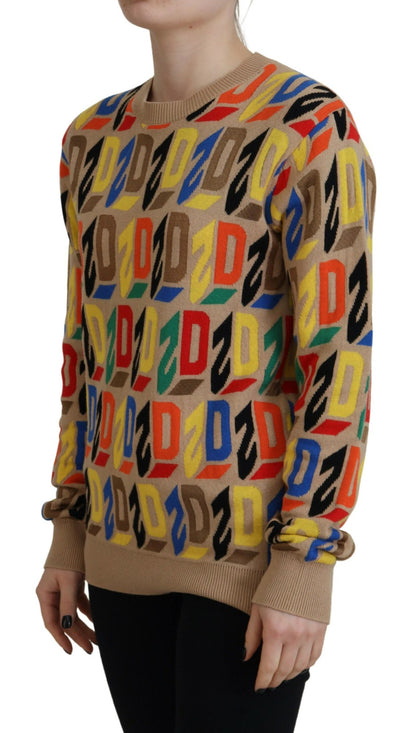 Dsquared² Brauner bedruckter Langarmpullover aus Baumwolle mit Rundhalsausschnitt