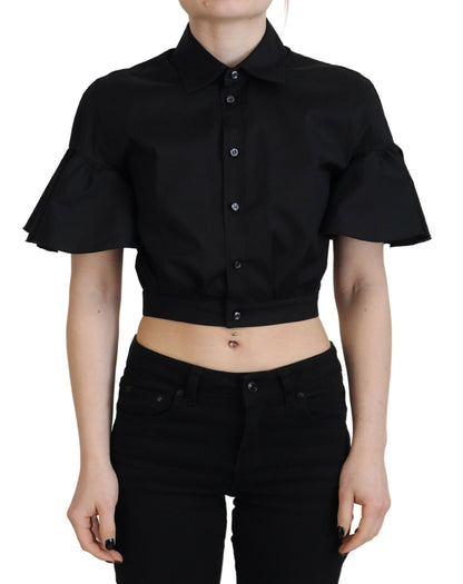 Dsquared² – Schwarzes, kurzärmliges Crop-Top mit Kragen und Knopfleiste