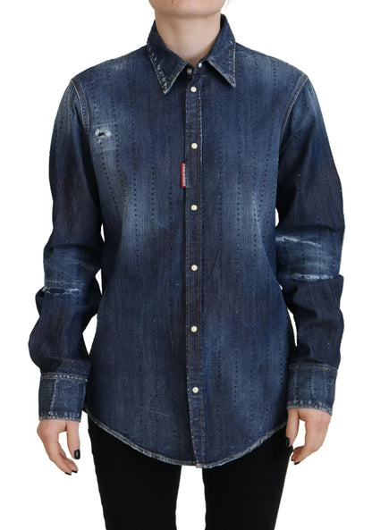 Dsquared² Blaues Jeansoberteil aus gewaschener Baumwolle mit Button-Down-Kragen