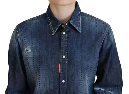 Dsquared² Blaues Jeansoberteil aus gewaschener Baumwolle mit Button-Down-Kragen