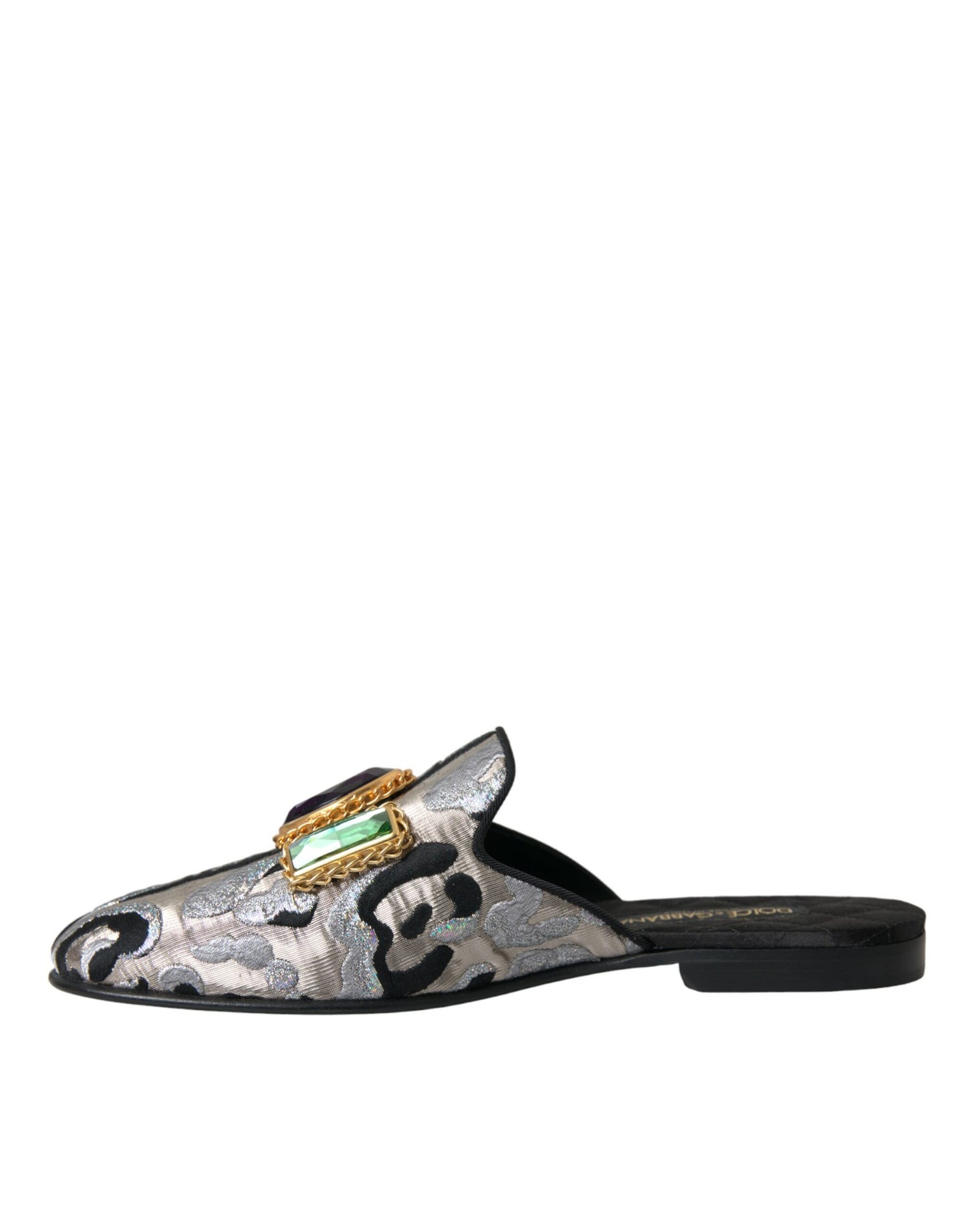 Dolce &amp; Gabbana Graue Jacquard-Mule-Flache Sandalen mit Kristallen