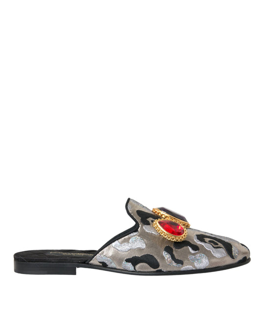 Dolce &amp; Gabbana Graue Jacquard-Mule-Flache Sandalen mit Kristallen