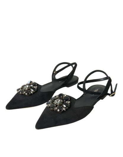 Dolce &amp; Gabbana Slingback-Sandalen aus schwarzem Leder mit Kristallen
