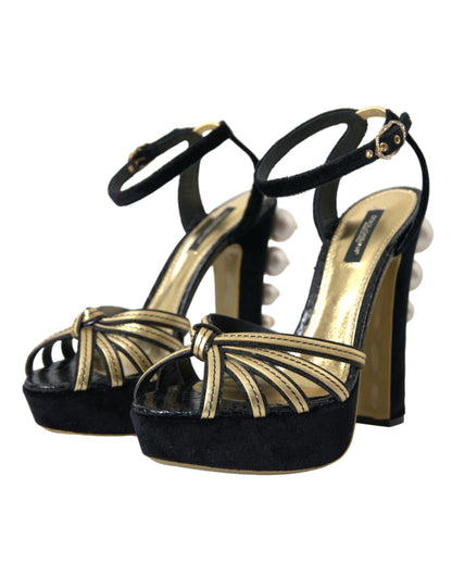 Dolce &amp; Gabbana Schwarz Gold Verzierte Heels Sandalen Schuhe