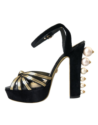 Dolce &amp; Gabbana Schwarz Gold Verzierte Heels Sandalen Schuhe