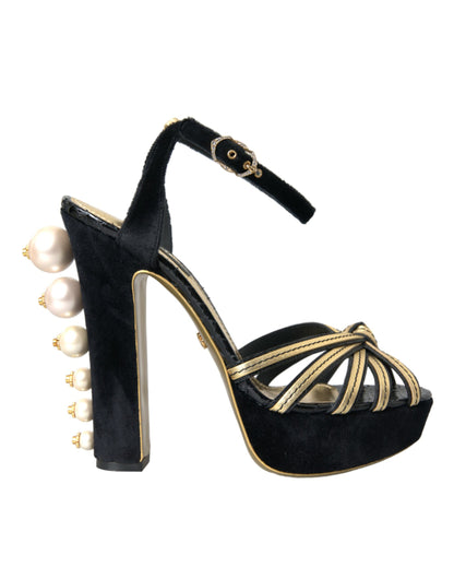 Dolce &amp; Gabbana Schwarz Gold Verzierte Heels Sandalen Schuhe