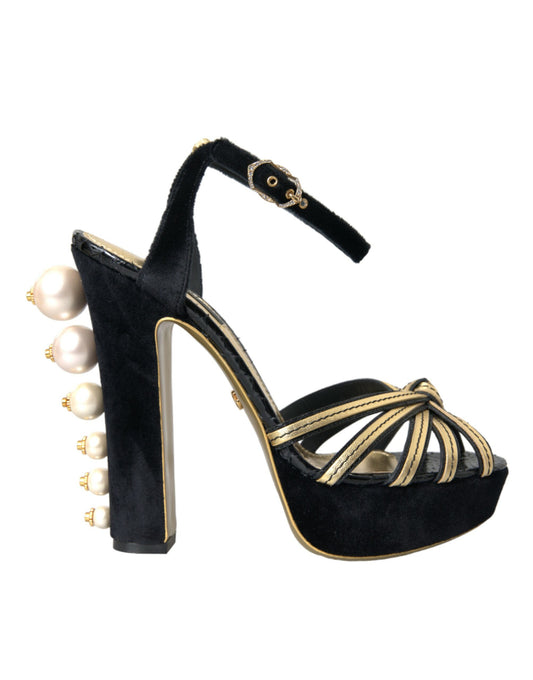 Dolce &amp; Gabbana Schwarz Gold Verzierte Heels Sandalen Schuhe