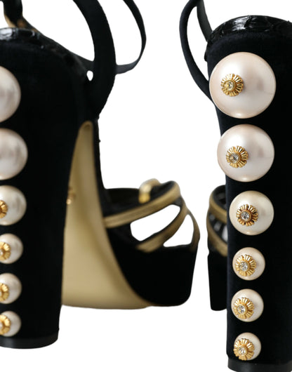 Dolce &amp; Gabbana Schwarz Gold Verzierte Heels Sandalen Schuhe