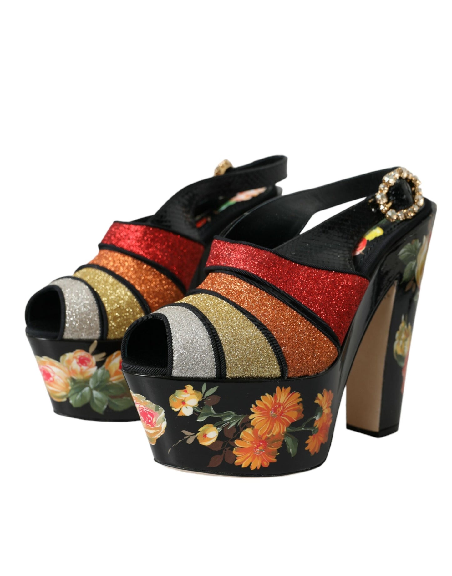 Dolce &amp; Gabbana Mehrfarbige Plateau-Sandalen mit Blumenmuster und Kristallen