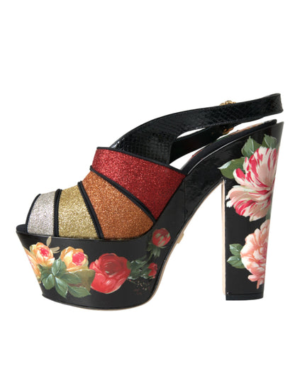 Dolce &amp; Gabbana Mehrfarbige Plateau-Sandalen mit Blumenmuster und Kristallen