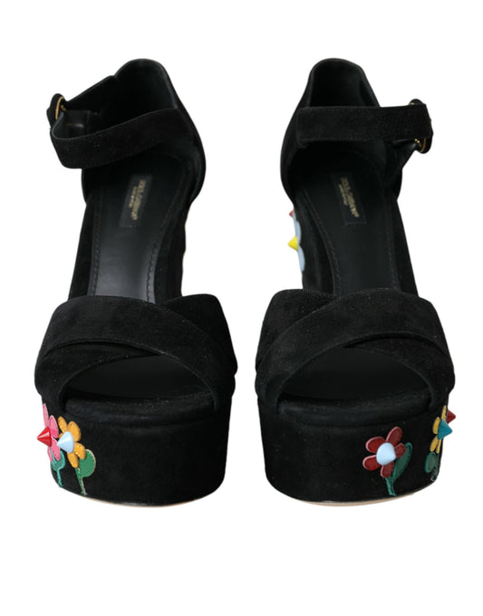 Dolce &amp; Gabbana Schwarze Sandalen mit Knöchelriemen und Blumenmuster