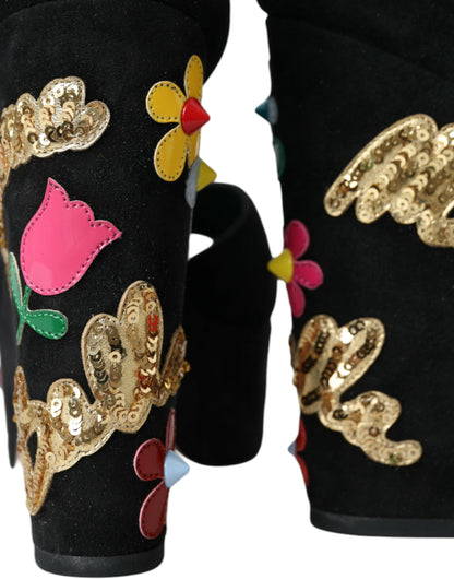 Dolce &amp; Gabbana Schwarze Sandalen mit Knöchelriemen und Blumenmuster